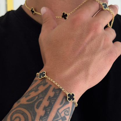 Kit Corrente e Pulseira Elo Português 2mm Trevo Ônix Banhado A Ouro 18k