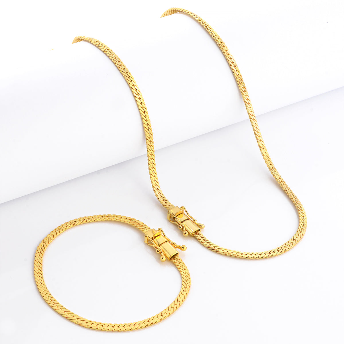 Kit Corrente e Pulseira Grumet Flat 4mm Fecho Duplo Banhado A Ouro 18k