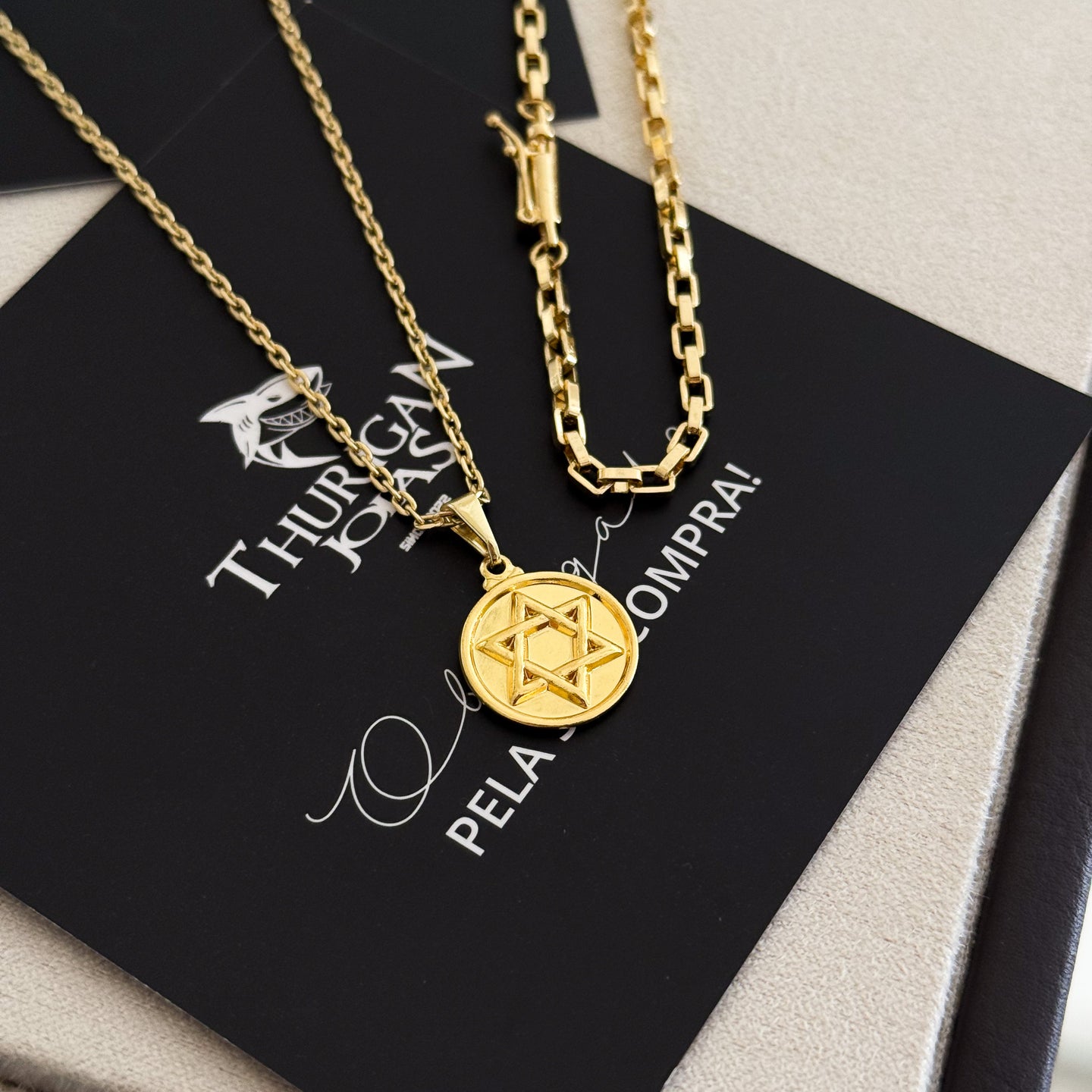 Colar Medalha Estrela De Davi - Corrente Cadeado e Pulseira Veneziana Banhado A Ouro 18k