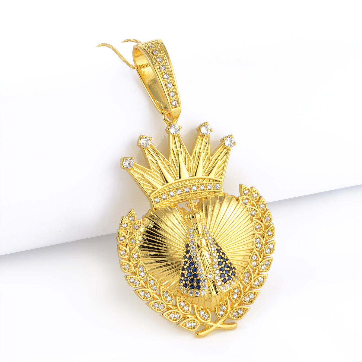 Pingente Coração N. Sra. Aparecida Cravejado 6,5x5cm Banhado A Ouro 18k