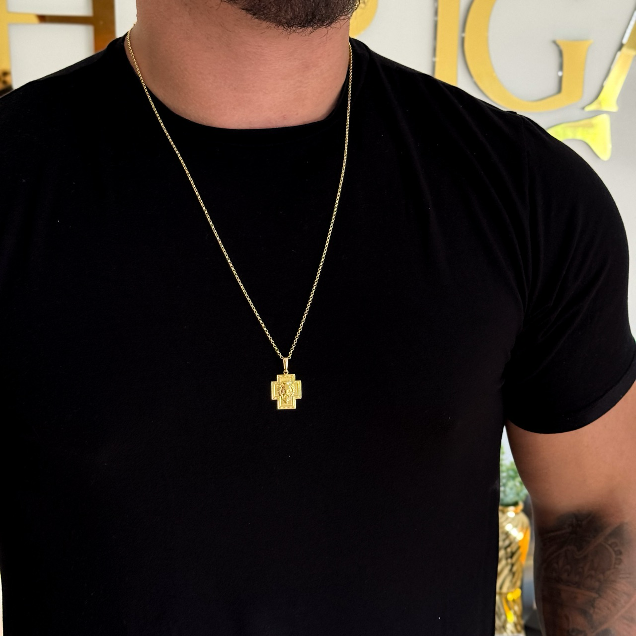 Colar Crucifixo Leão de Judá - Corrente Elo Português e Pulseira Grumet Flat 3mm Banhado A Ouro 18k