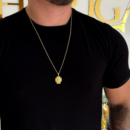 Colar Crucifixo Leão de Judá - Corrente Elo Português e Pulseira Grumet Flat 3mm Banhado A Ouro 18k