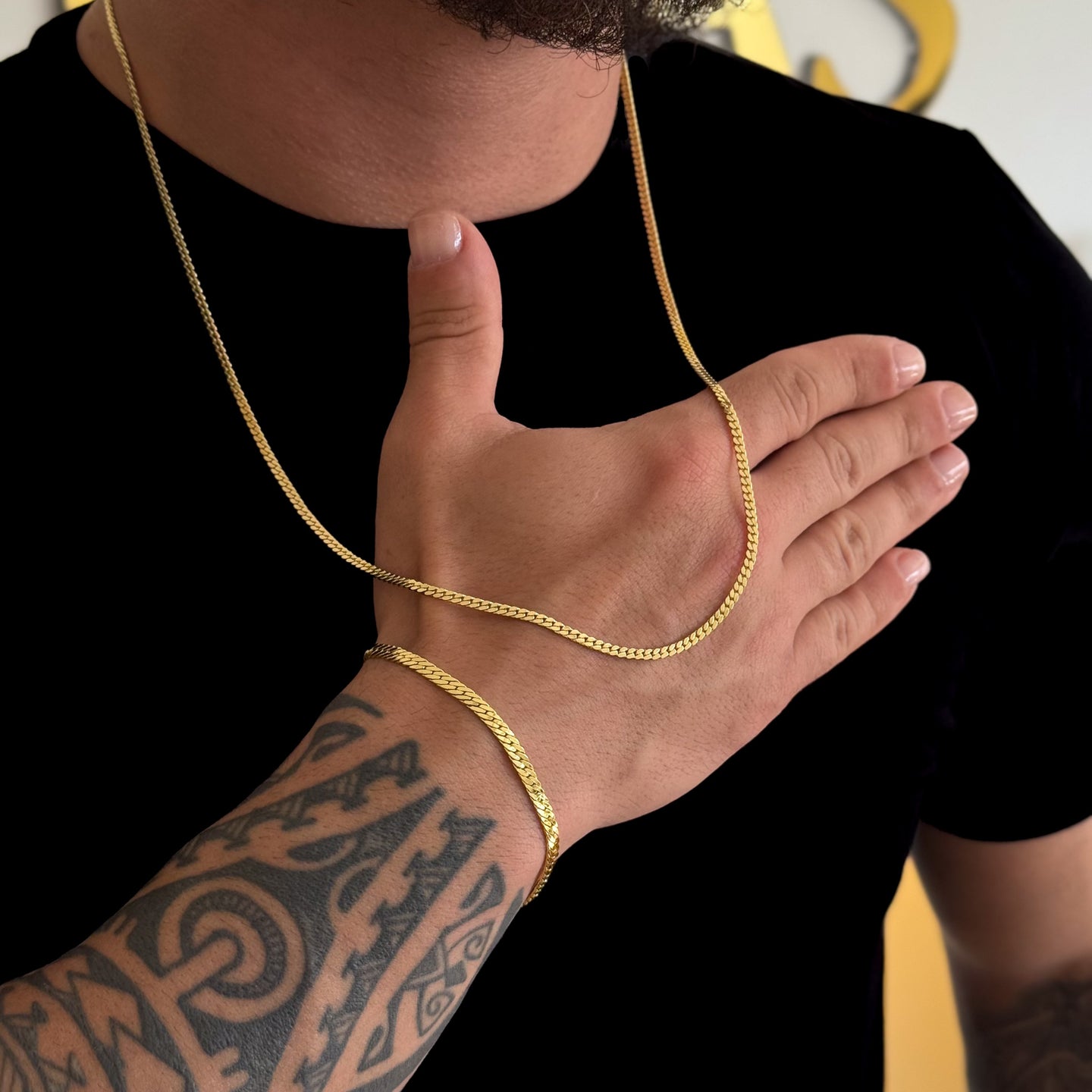 Kit Corrente e Pulseira Grumet Flat Banhado A Ouro 18k