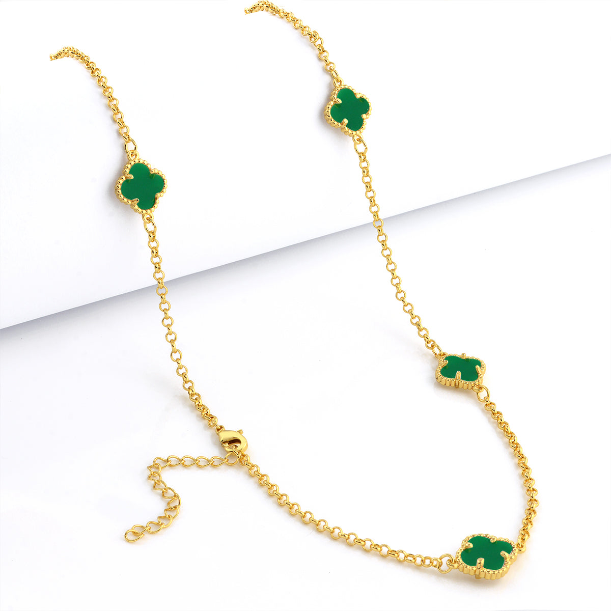 Corrente Elo Português 2mm Trevo Esmeralda Banhado A Ouro 18k