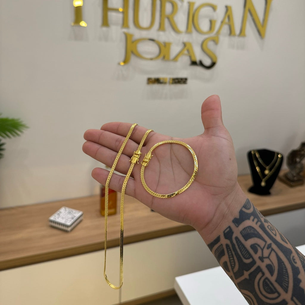 Kit Corrente e Pulseira Grumet Flat 4mm Fecho Duplo Banhado A Ouro 18k