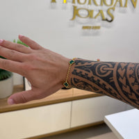 Kit Corrente e Pulseira Elo Português 2mm Trevo Esmeralda Banhado A Ouro 18k