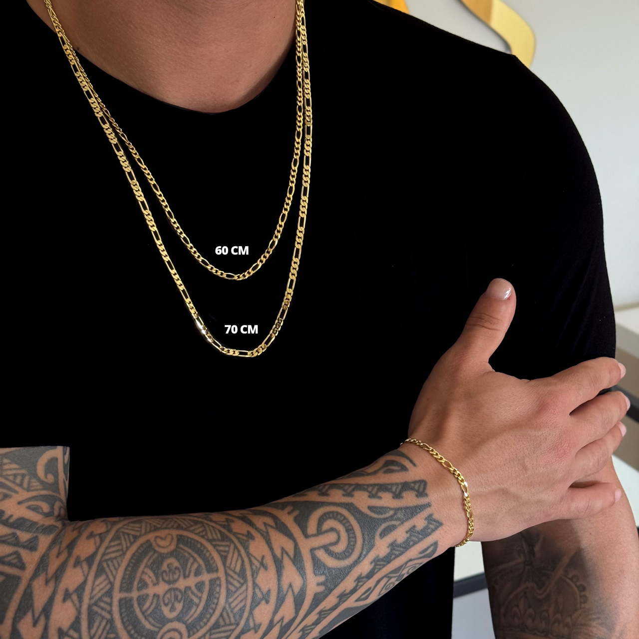 Kit Corrente e Pulseira 3 por 1 Fígaro 4mm Fecho Duplo Banhado A Ouro 18k