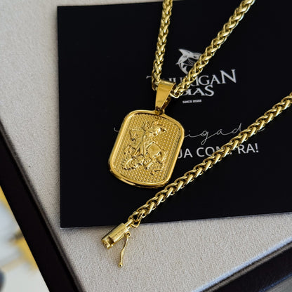 Colar Plaquinha São Jorge - Corrente e Pulseira Palmeira Banhado A Ouro 18k