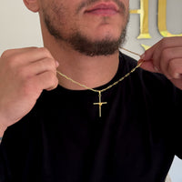 Colar Crucifixo Palito M - Corrente Cadeado Alongado Banhado A Ouro 18k