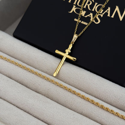 Colar Crucifixo Palito Liso Inri - Corrente 3 Por 1 Fígaro e Pulseira Baiana Banhado A Ouro 18k