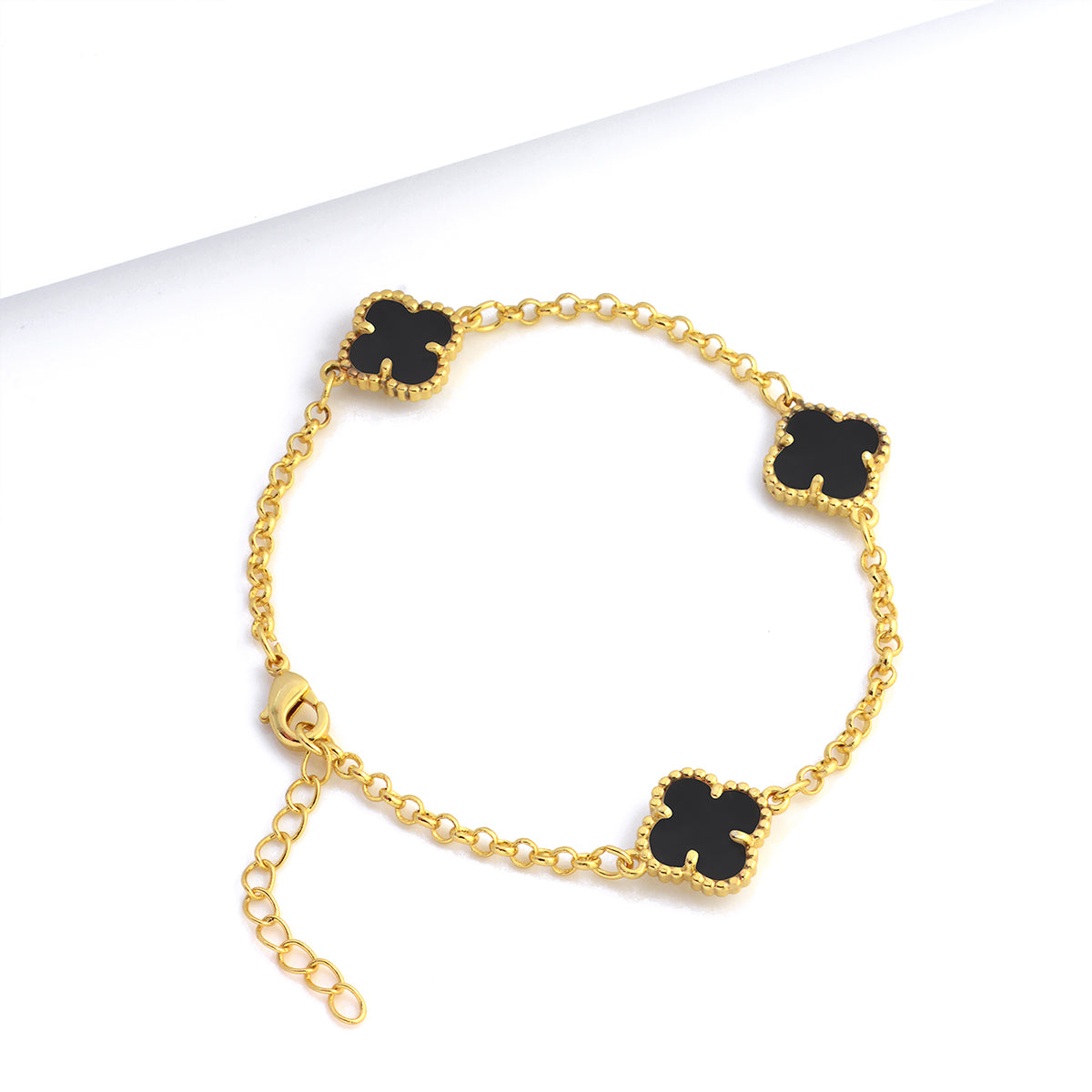 Pulseira Elo Português 2mm Trevo Ônix Banhado A Ouro 18k