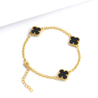 Pulseira Elo Português 2mm Trevo Ônix Banhado A Ouro 18k
