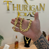 Kit Corrente e Pulseira Friso S 12mm Fecho Duplo Banhado A Ouro 18k