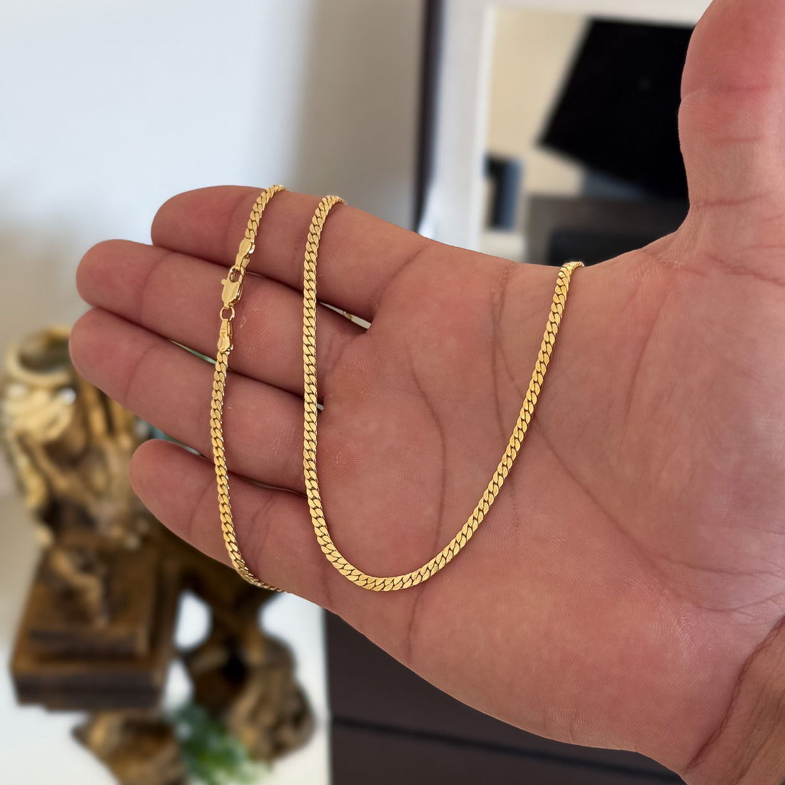 Corrente Grumet Flat 3mm 14gr Fecho Lagosta Banhado A Ouro 18k