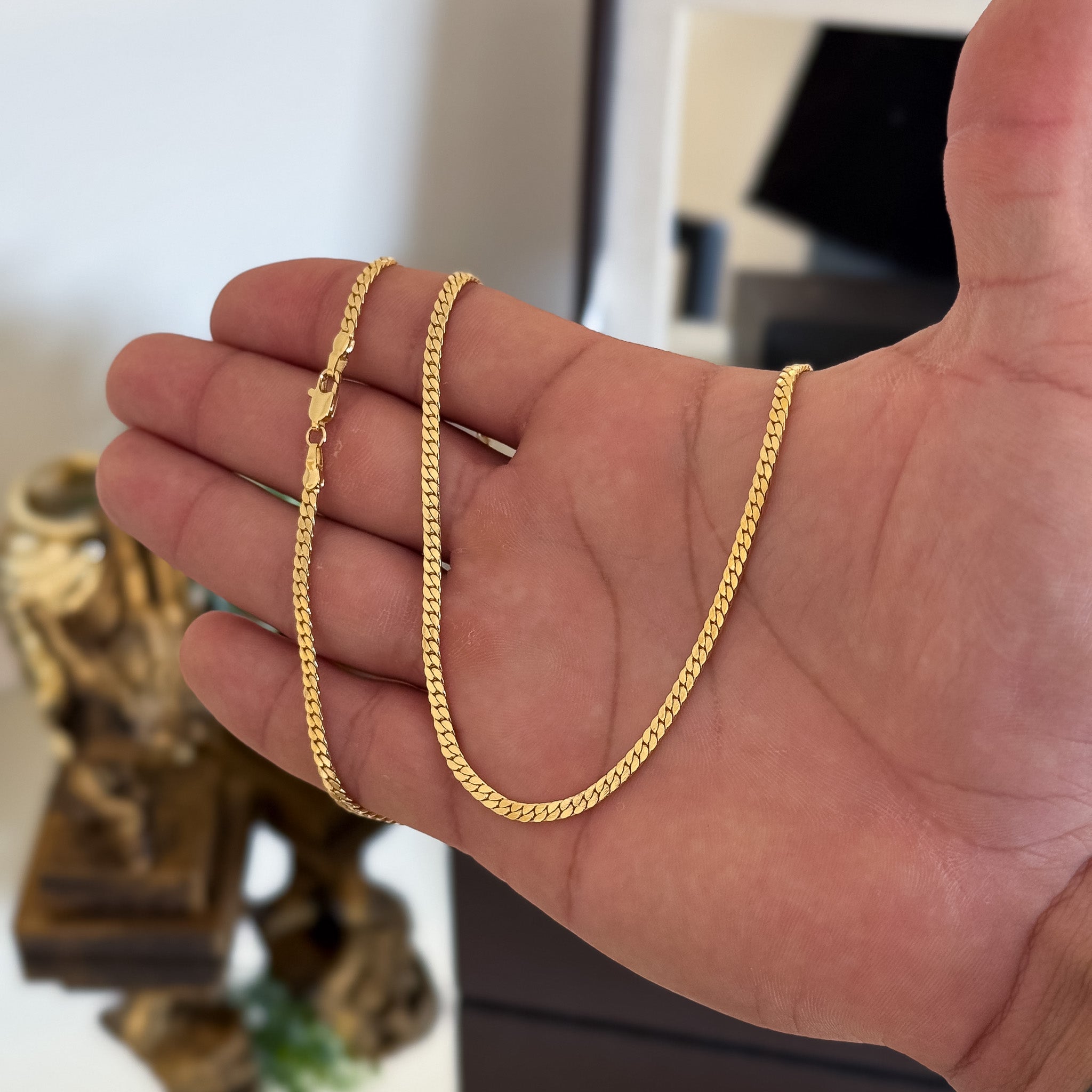 Corrente Grumet Flat 3mm 14gr Fecho Lagosta Banhado A Ouro 18k