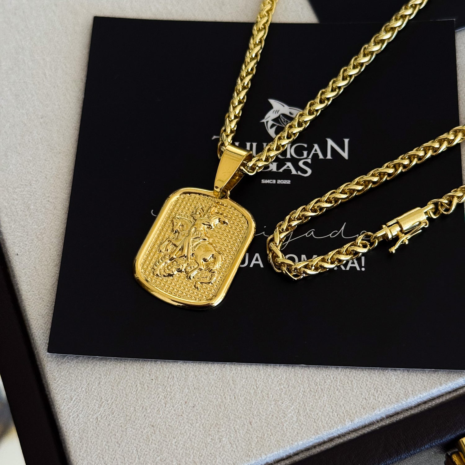 Colar Plaquinha São Jorge - Corrente e Pulseira Palmeira Banhado A Ouro 18k