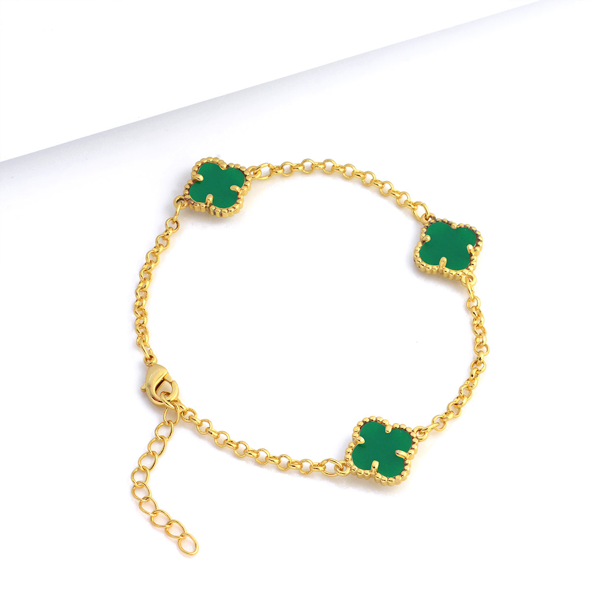 Pulseira Elo Português 2mm Trevo Esmeralda  Banhado A Ouro 18k