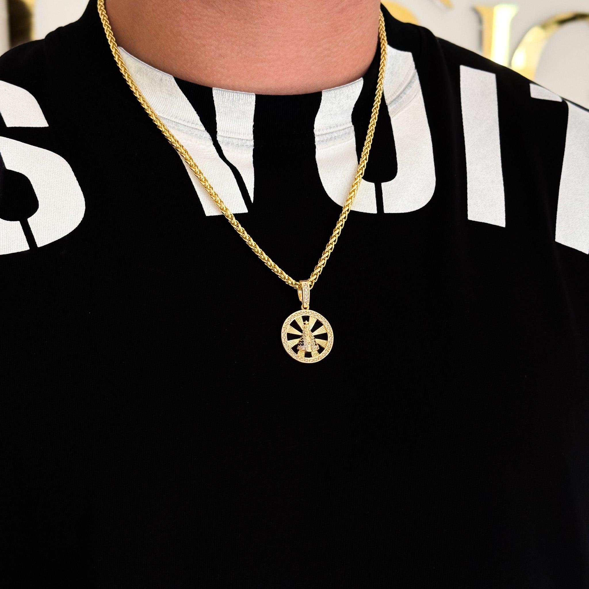 Colar Medalha N. Sra. Aparecida Vazado Cravejado P - Corrente e Pulseira Palmeira Banhado A Ouro 18k