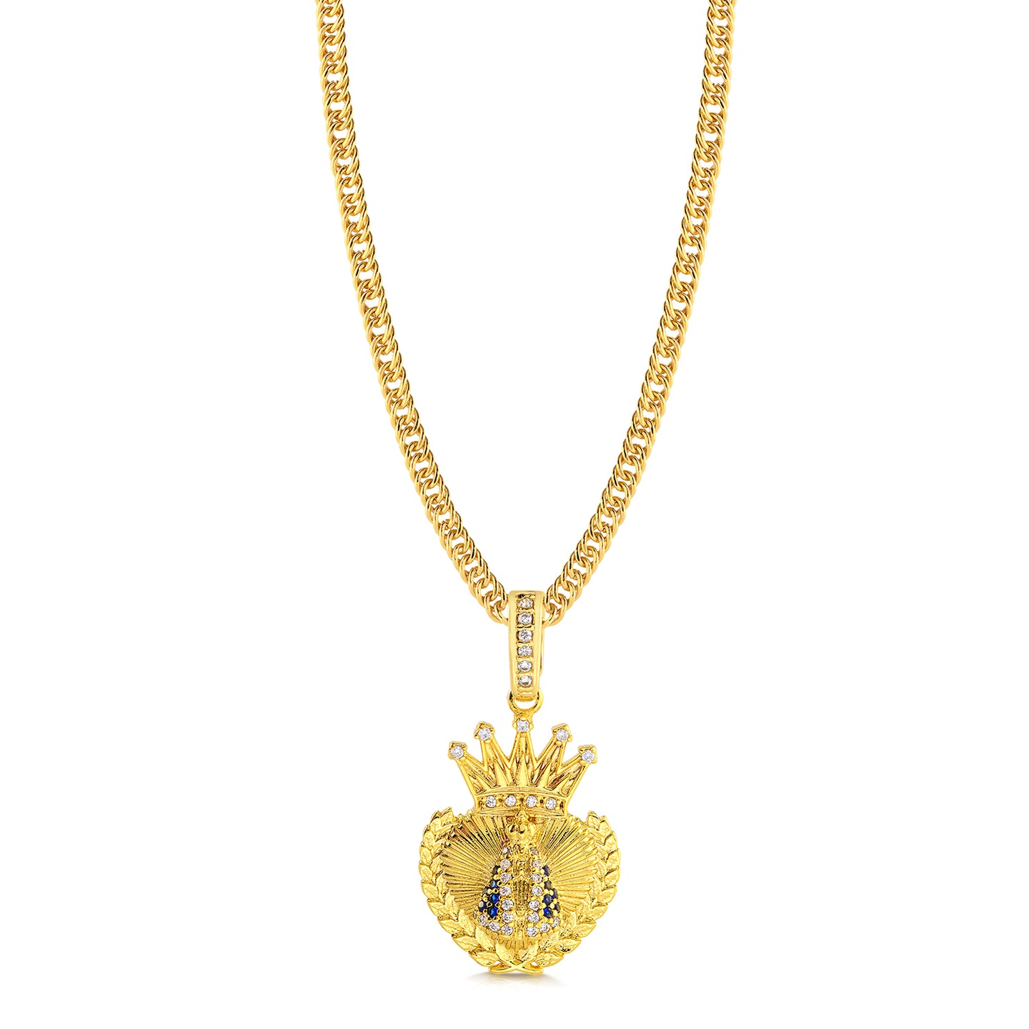 Colar Coração N. Sra. Aparecida Cravejado P - Corrente Lacraia Banhado A Ouro 18k