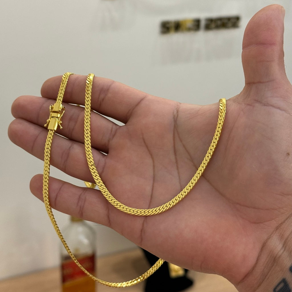 Kit Corrente e Pulseira Grumet Flat 4mm Fecho Duplo Banhado A Ouro 18k