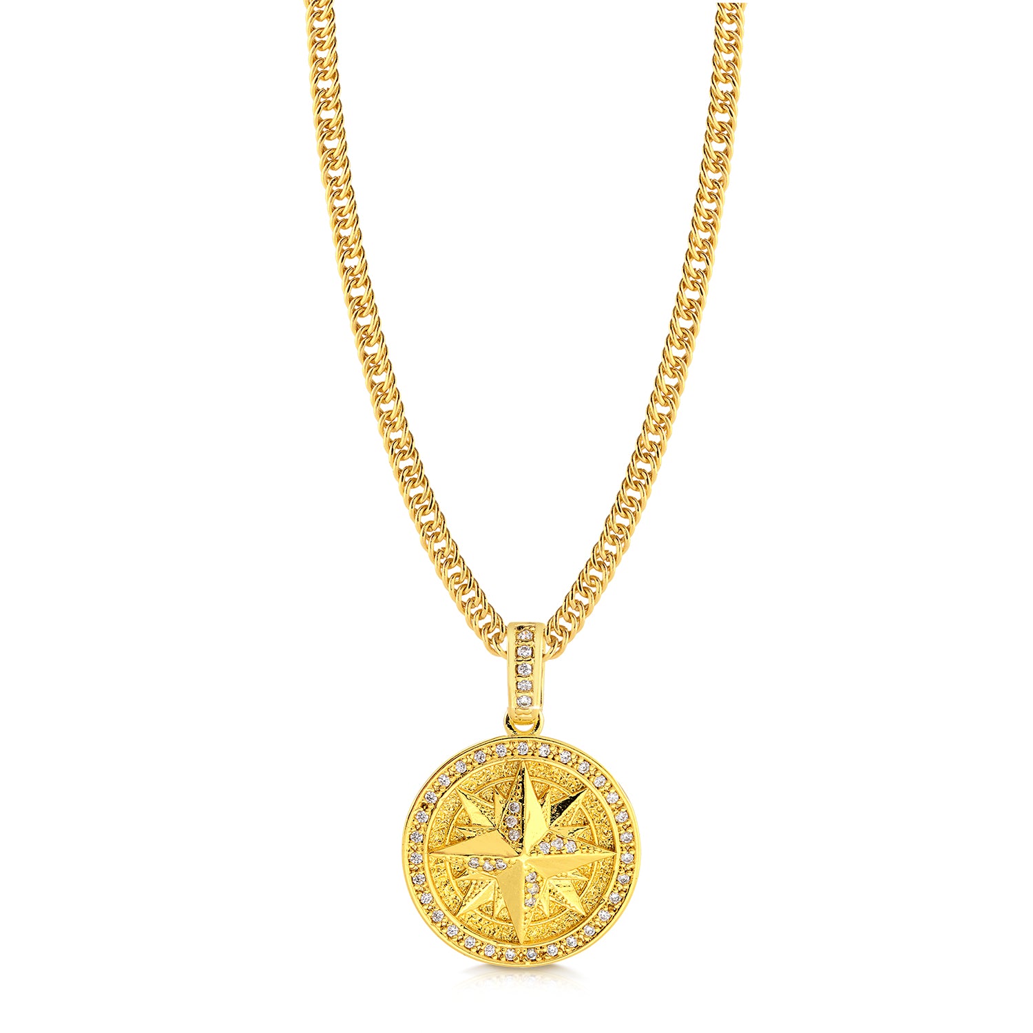 Colar Medalha Rosa Dos Ventos Cravejado P - Corrente Lacraia Banhado A Ouro 18k