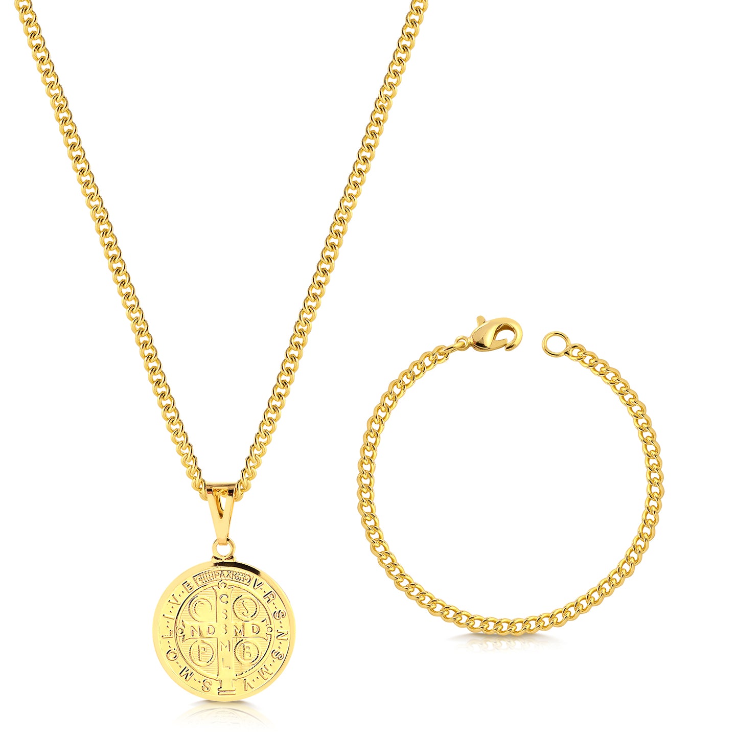 Colar Medalha De São Bento - Corrente e Pulseira Grumet Cuban Banhado A Ouro 18k