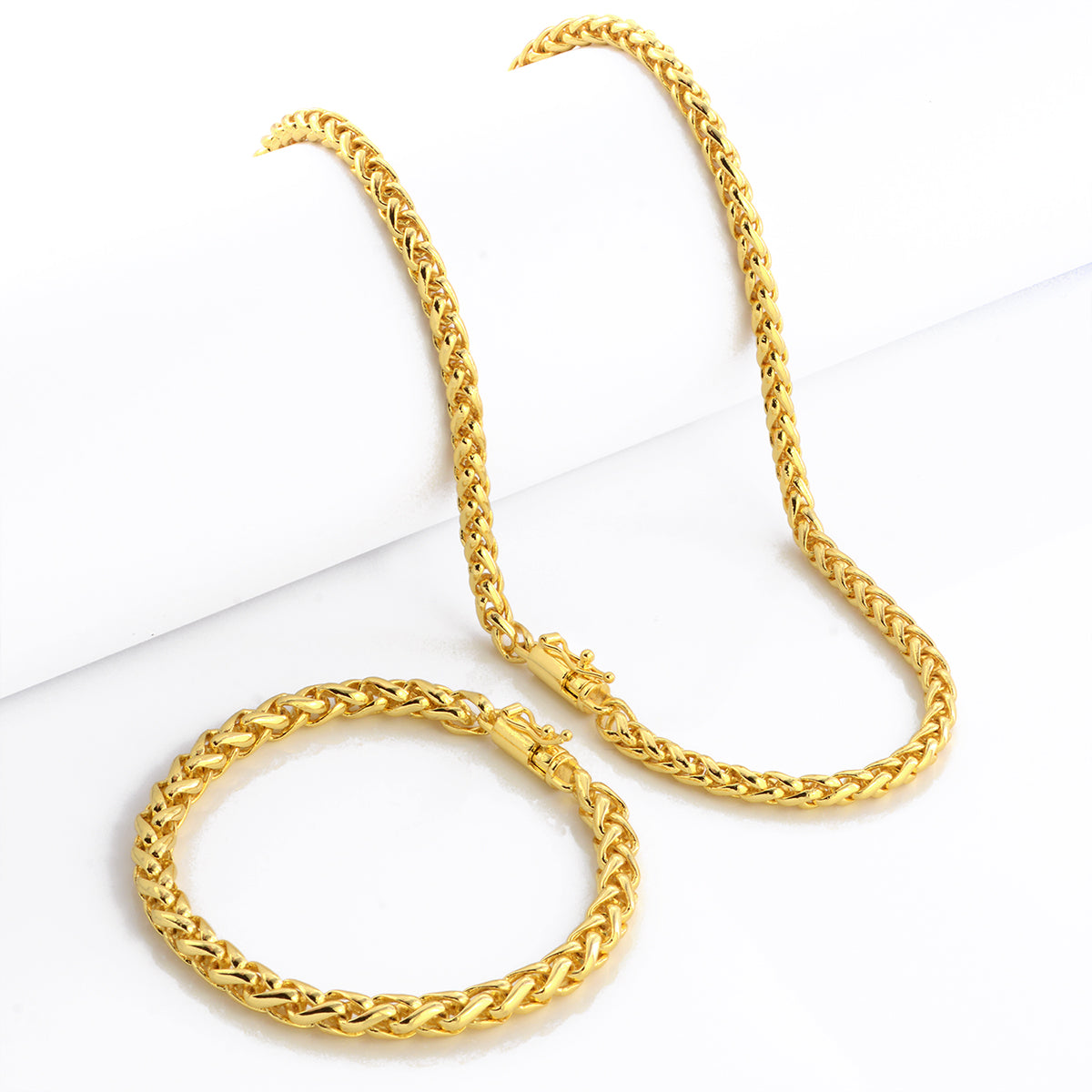 Kit Corrente e Pulseira Palmeira 5mm Fecho Bomba Banhado A Ouro 18k