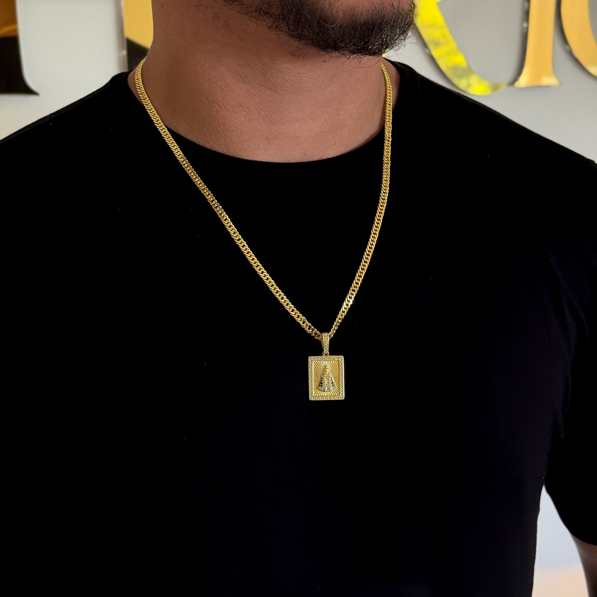 Colar N. Sra. Aparecida Cravejado P - Corrente e Pulseira Lacraia Banhado A Ouro 18k