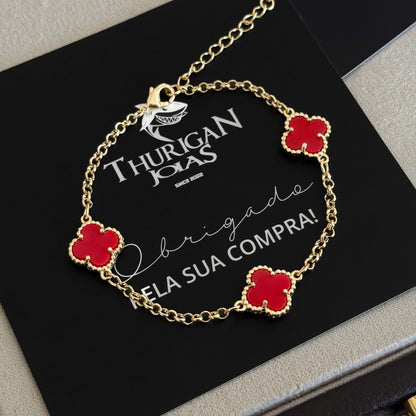 Pulseira Elo Português 2mm Trevo Rubi  Banhado A Ouro 18k