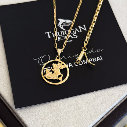 Colar Medalha de São Jorge Vazado - Corrente Cadeado Alongado e Pulseira Veneziana Banhado A Ouro 18k