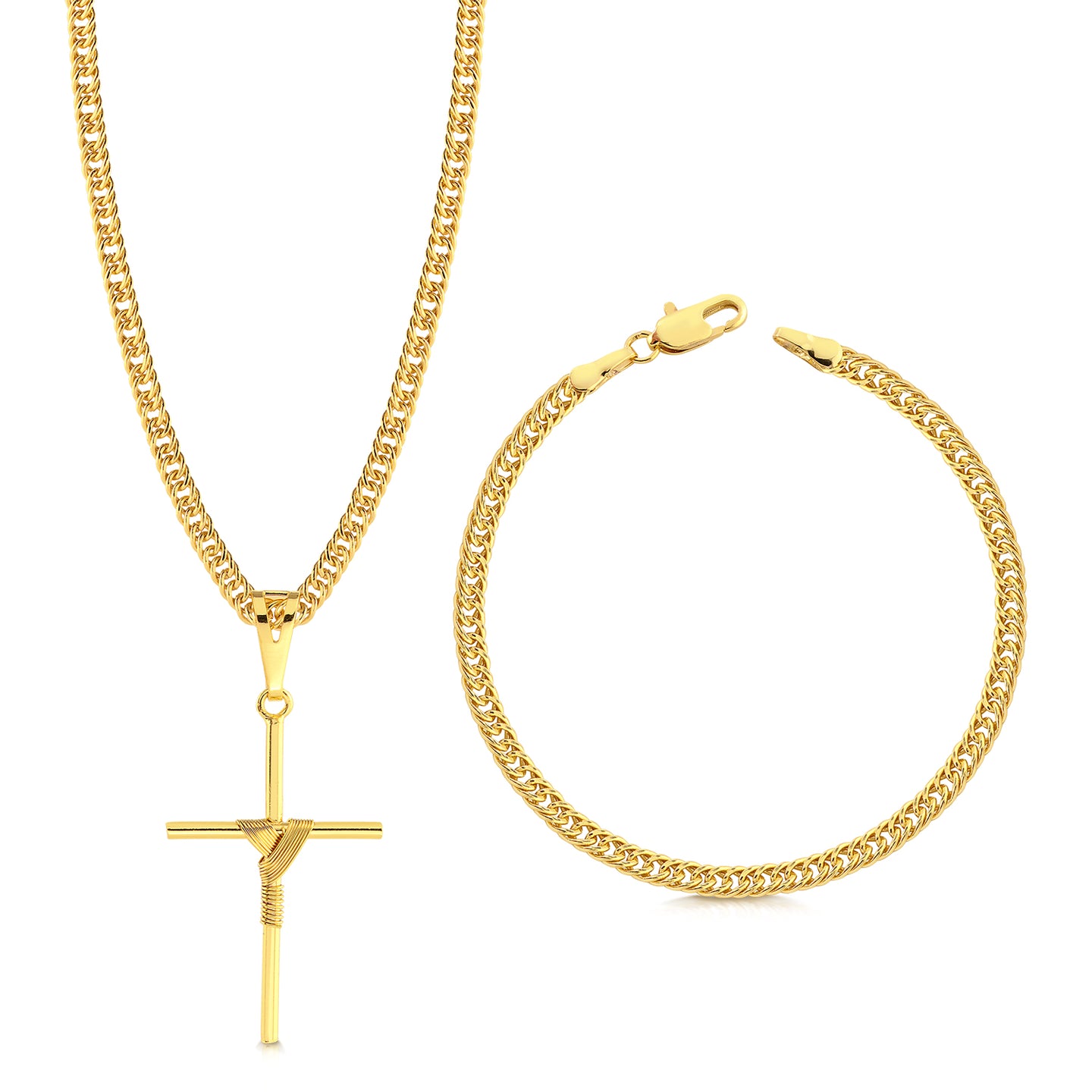 Colar Crucifixo Face De Cristo Cravejado P - Corrente e Pulseira Lacraia Banhado A Ouro 18k