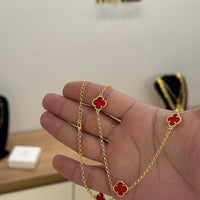 Kit Corrente e Pulseira Elo Português 2mm Trevo Rubi Banhado A Ouro 18k