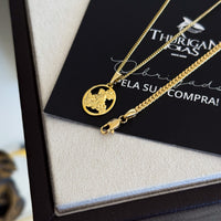 Colar Plaquinha Oval São Jorge Vazado - Corrente Grumet e Pulseira Grumet Flat Banhado A Ouro 18k