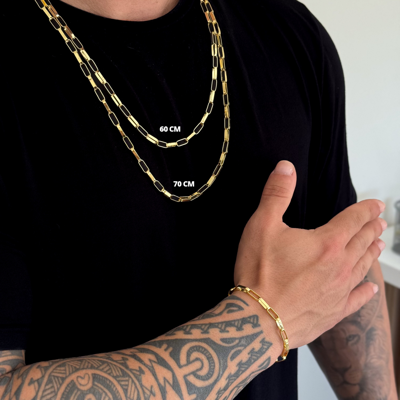 Kit Corrente e Pulseira Elo Alongado 5mm Fecho Duplo Banhado A Ouro 18k