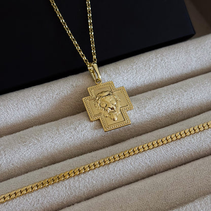 Colar Crucifixo Leão de Judá - Corrente Elo Português e Pulseira Grumet Flat 3mm Banhado A Ouro 18k