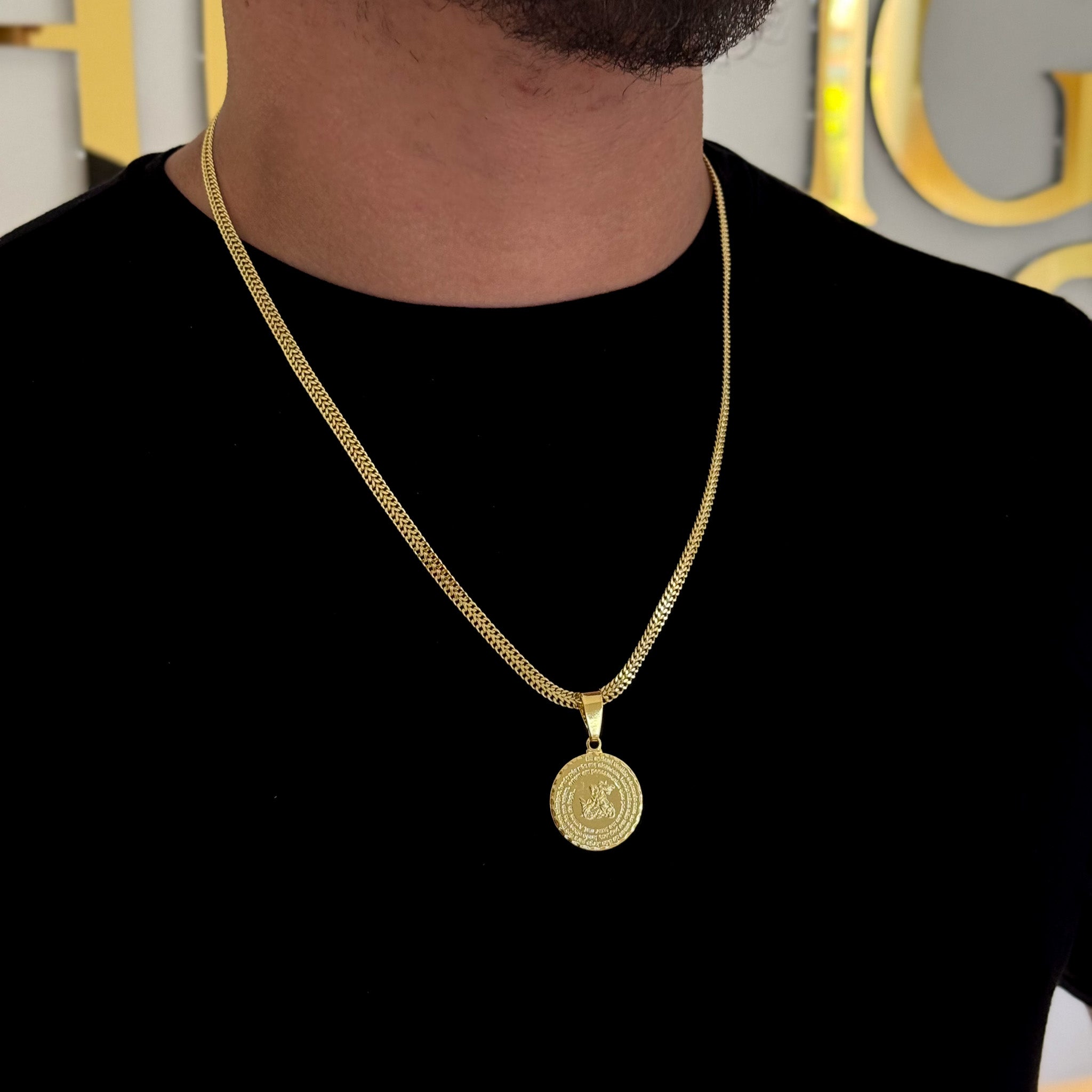 Colar Medalha São Jorge Oração - Corrente Grumet Dupla Banhado A Ouro 18k