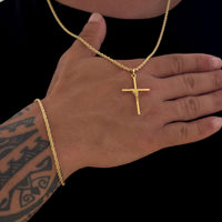 Colar Crucifixo Palito M - Corrente e Pulseira Baiana Banhado A Ouro 18k