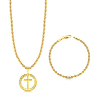 Colar Medalha Com Crucifixo - Corrente e Pulseira Baiana Banhado A Ouro 18k