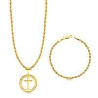 Colar Medalha Com Crucifixo - Corrente e Pulseira Baiana Banhado A Ouro 18k