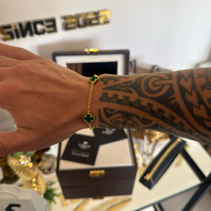Pulseira Elo Português 2mm Trevo Esmeralda  Banhado A Ouro 18k