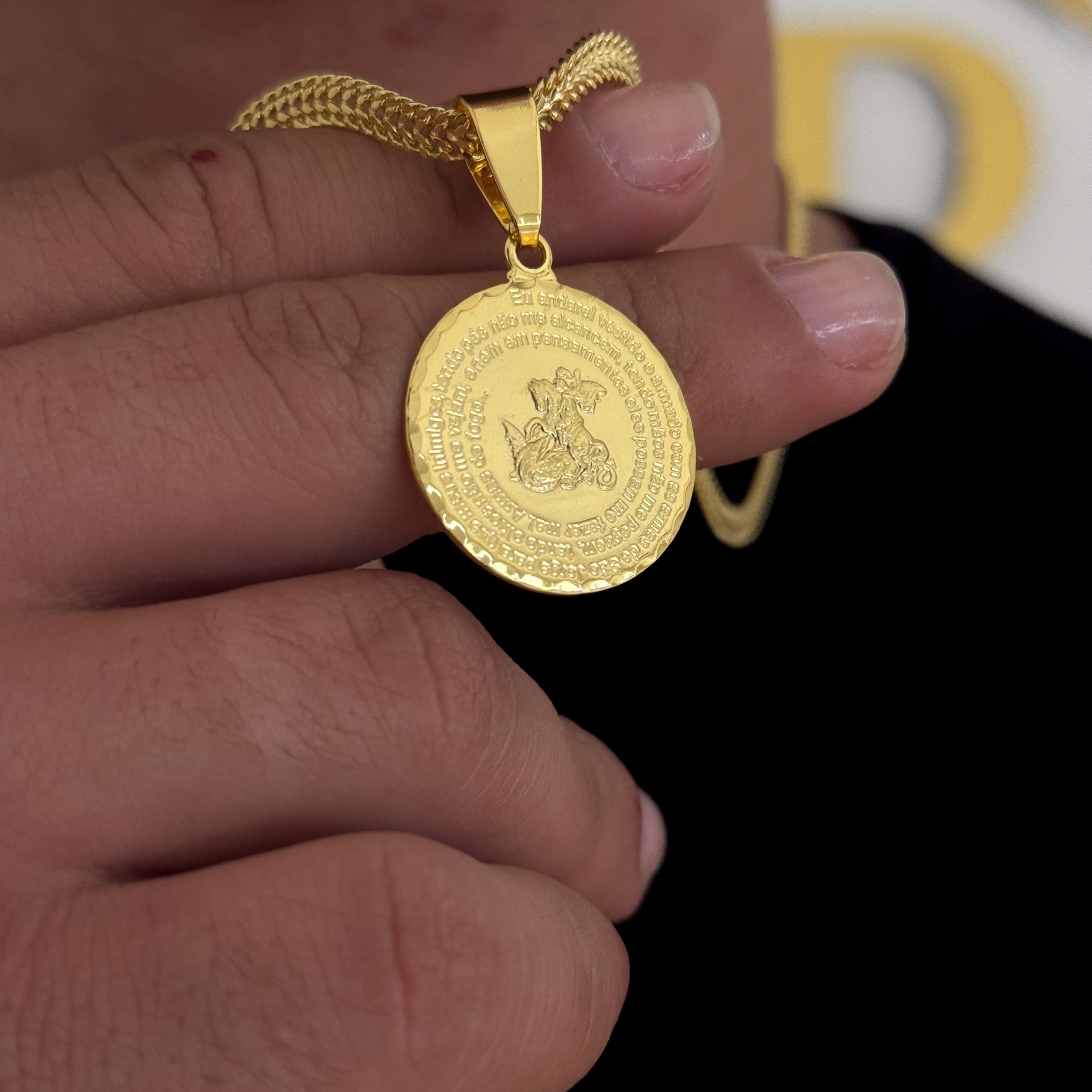 Colar Medalha São Jorge Oração - Corrente Grumet Dupla Banhado A Ouro 18k
