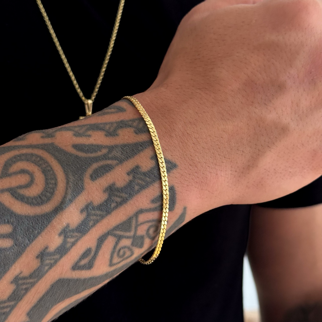Colar Crucifixo Leão de Judá - Corrente Elo Português e Pulseira Grumet Flat 3mm Banhado A Ouro 18k