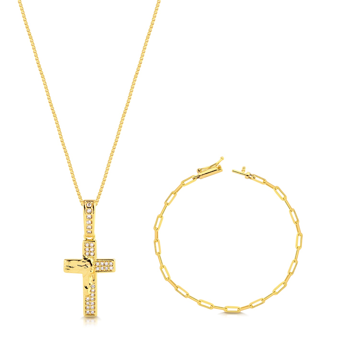 Colar Crucifixo Face De Cristo Cravejado - Corrente Veneziana e Pulseira Cadeado Alongado Banhado A Ouro 18k