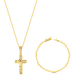 Colar Crucifixo Face De Cristo Cravejado - Corrente Veneziana e Pulseira Cadeado Alongado Banhado A Ouro 18k
