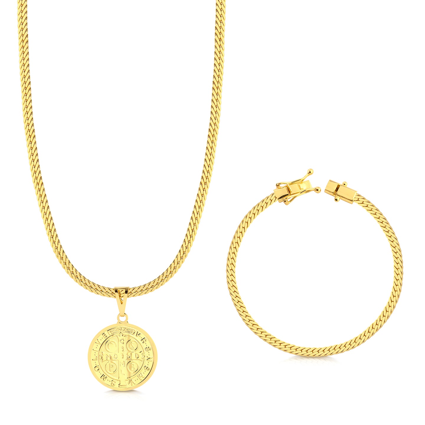 Colar Medalha De São Bento - Corrente e Pulseira Grumet Flat 4mm Banhado A Ouro 18k