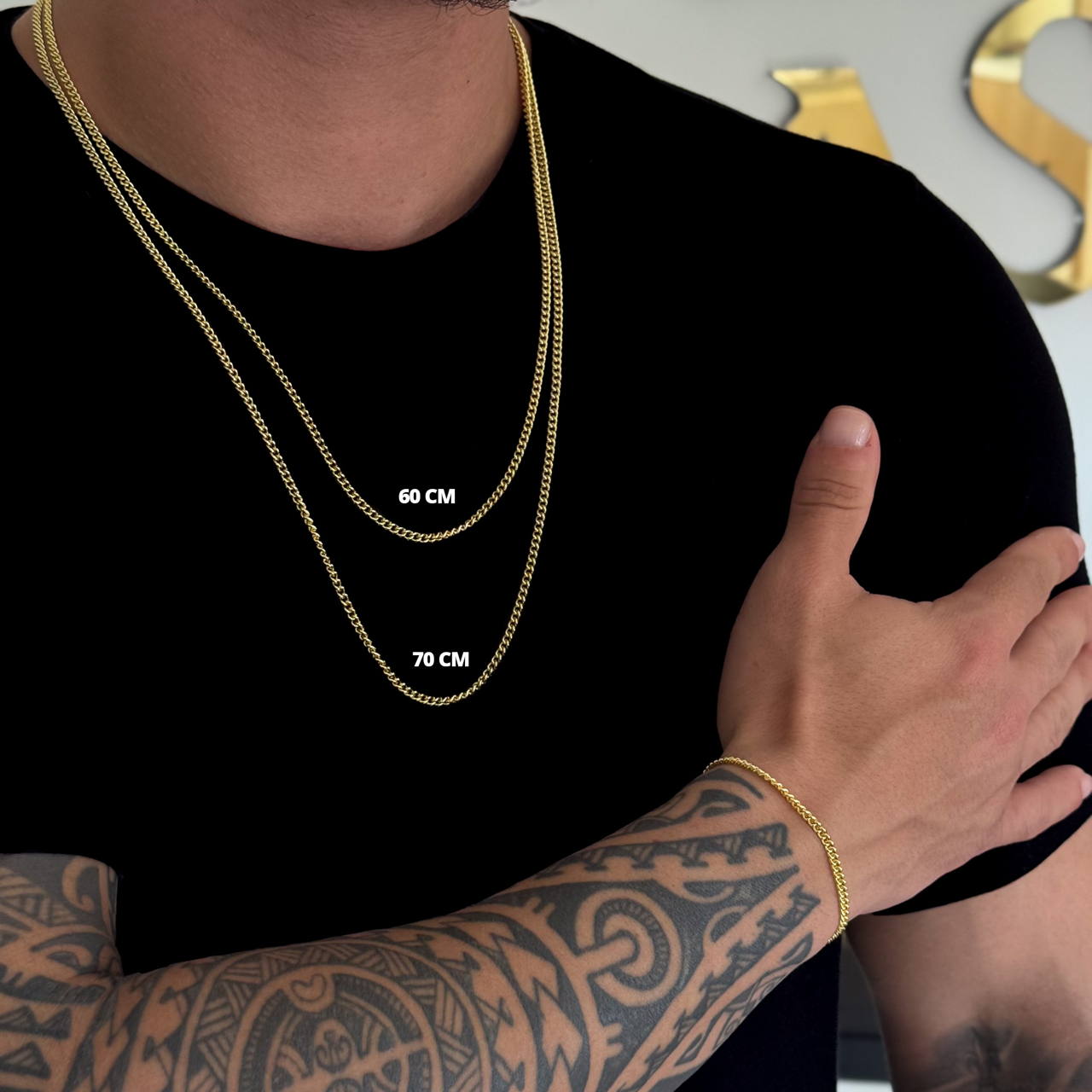 Kit Corrente e Pulseira Grumet Cuban 3mm Fecho Lagosta Banhado A Ouro 18k