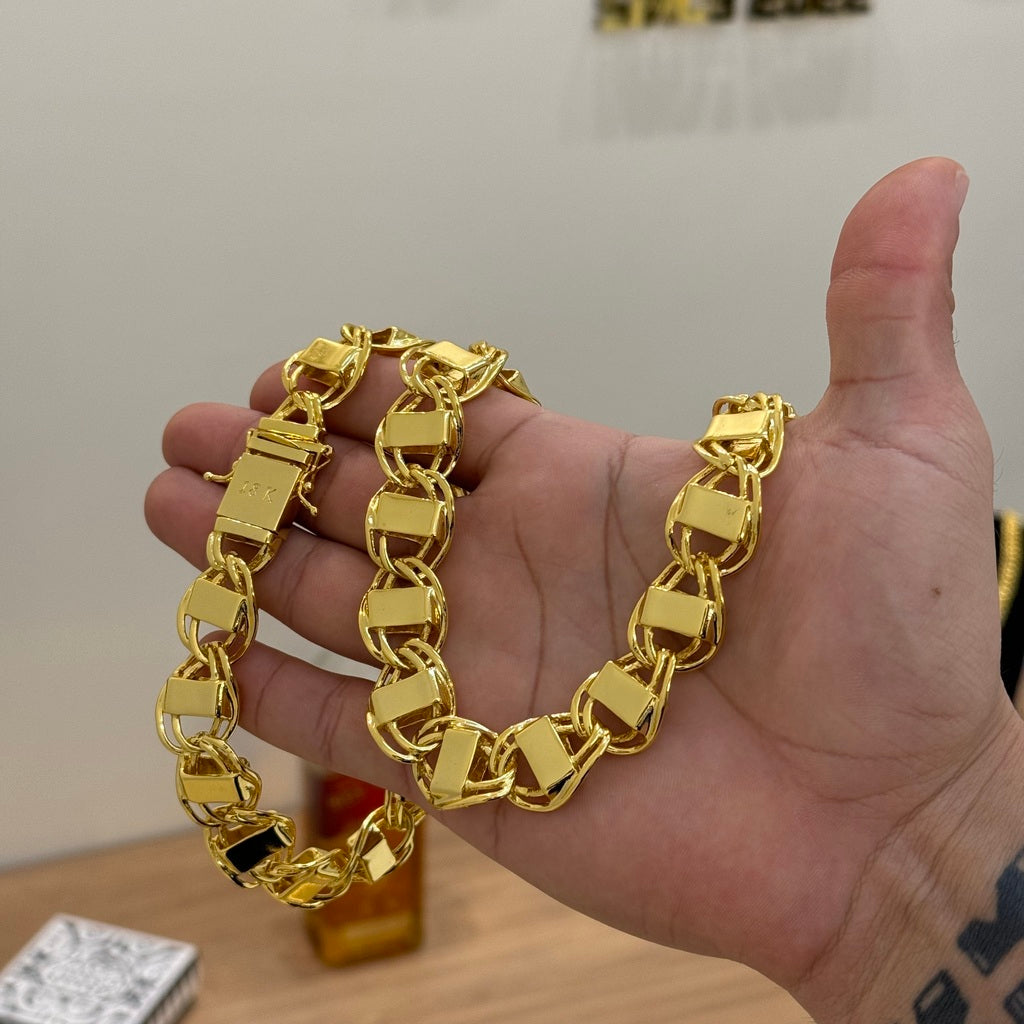 Kit Corrente e Pulseira Dubai 16mm Fecho Duplo Banhado A Ouro 18k