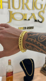 Kit Corrente e Pulseira Lacraia 13mm Fecho Duplo Banhado A Ouro 18k