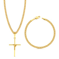 Colar Crucifixo Face De Cristo Detalhado Cravejado P - Corrente e Pulseira Lacraia Banhado A Ouro 18k