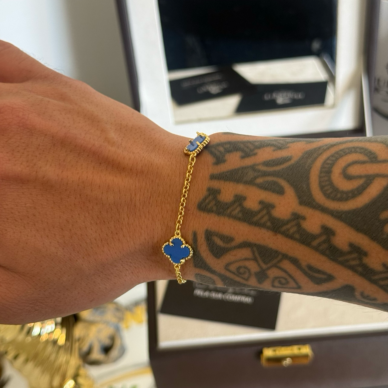 Pulseira Elo Português 2mm Trevo Topázio Banhado A Ouro 18k